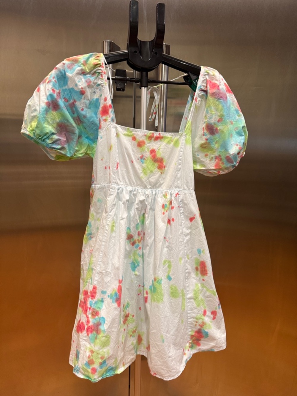 NWOT Draper James White Mini Dress with Multicolor Tie-Dye Puff Sleeves